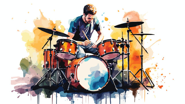 Watercolour Drummer Flat vector isolated on white background