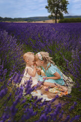 two sisters on a picnic in a lavender field