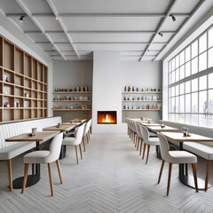 Fototapeta na wymiar Interior of modern cafe with white walls, wooden floor, bar counter with white chairs and fireplace. 3d rendering