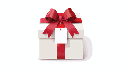 White gift box with a red bow with a blank tag. Flat