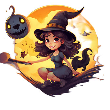 Cute Halloween witch clip art on transparent background PNG