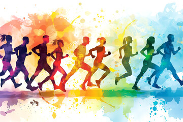 Silhouette of running athletes in watercolor style. Painting for sports games, competitions. The desire to win.