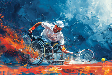an athlete in a wheelchair plays tennis. desire to win. overcoming life's difficulties - obrazy, fototapety, plakaty