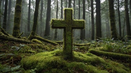 Discover the poignant beauty of a cotton cross covered in moss, its gentle form a testament to the...