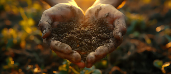 Obraz premium hands holding soil on a farm