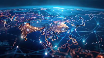 Digital map of Asia, concept of global network and connectivity, data transfer and cyber technology, business exchange, information and telecommunication. Map for business