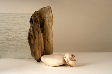 Podium for exhibitions and product presentations, material stone, wood. Beautiful beige background made from natural materials. Abstract nature scene with composition.