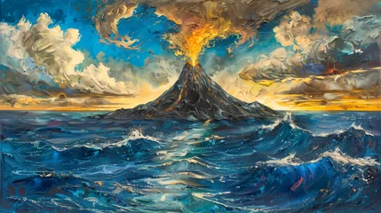 Poster Paint landscape with a mystical volcano. Beautiful painting. © Bonya Sharp Claw