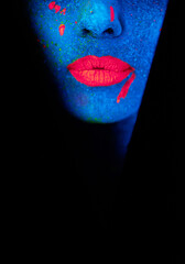 Lips, neon and psychedelic paint for creative, art and glitter for unique surreal glow. Face,...