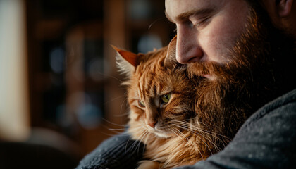 An affectionate portrait of a bearded man and his beloved pet orange cat - obrazy, fototapety, plakaty
