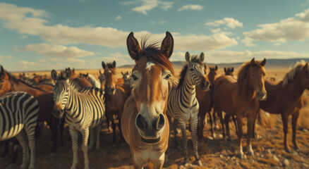 A photo of an epic scene with one zebra leading the way in front, surrounded by hundreds of horses running behind it on red dirt ground - obrazy, fototapety, plakaty