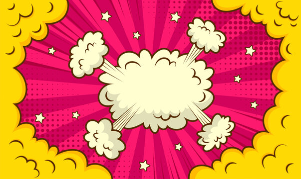 Cartoon bomb explosion background. Comic speed clouds on pink background. Retro frame with balloons and wind. Funny smoke shapes in pop art style. Speech bubble element. Vector illustration.