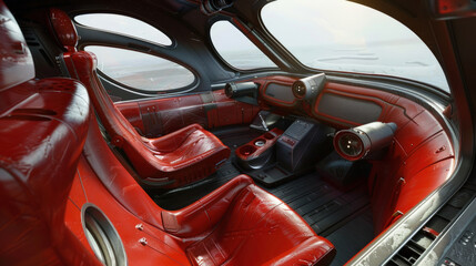 A close view showcasing the shiny red leather seats and retro dashboard of a classic car