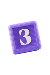 number 3 on pink building block cube, transparent background