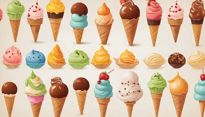 Foto auf Alu-Dibond Set of ice creams of different flavors, shapes and colors colorful background © Fukurou