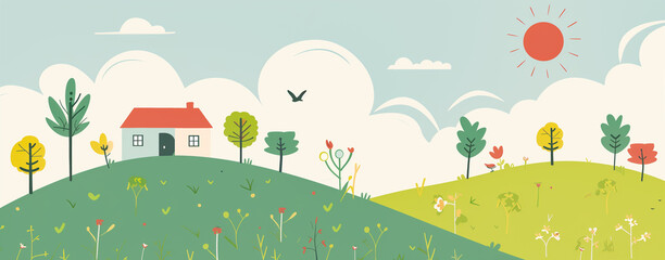 Banner illustration with a rural landscape, trees, hills, birds and house