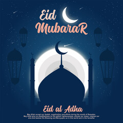 Eid Mubarak premium vector illustration design. Blue and dark gradient eid al adha mubarak background with star and moon. Islamic light design eid mubarak.