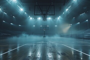 Empty basketball arena stadium sports ground with flashlights and fan sits - obrazy, fototapety, plakaty