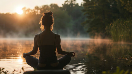 A woman is seated in a lotus position, with her legs crossed and hands resting on her knees, in the calm waters