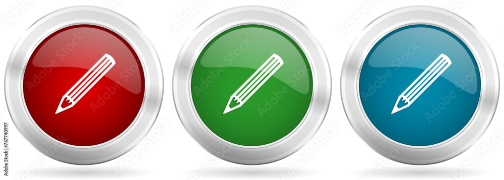 Poster pencil vector icon set. red, blue and green silver metallic web buttons with chrome border