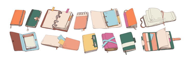 Paper notebooks, drawing sketchbooks, notepads set. Business planners, open note books, closed diaries, agenda organizers. Hand-drawn realistic vector illustrations isolated on white background