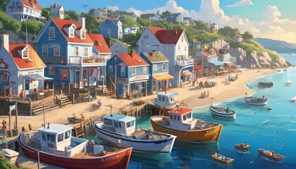 "A coastal village graces the shoreline, with colorful fishing boats bobbing in the harbor, charming seafood restaurants, and white-washed houses that reflect the sun's rays."