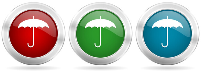 Umbrella vector icon set. Red, blue and green silver metallic web buttons with chrome border