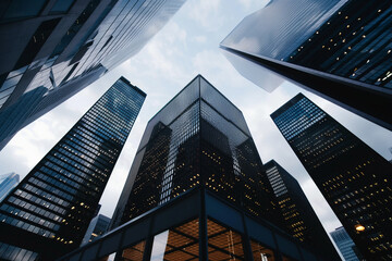 Fototapeta na wymiar tall skyscrapers in financial districs, downtown skyline of corporate modern business buildings (1)