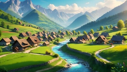 "A serene village nestled in a valley, with a crystal-clear stream meandering through, surrounded by verdant fields and majestic mountains in the distance."