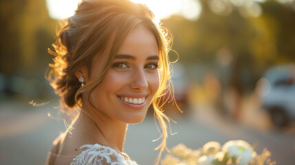 Fototapeta premium Bridal Bliss: A Portrait of a Smiling Bride with Bouquet ,generated by IA 