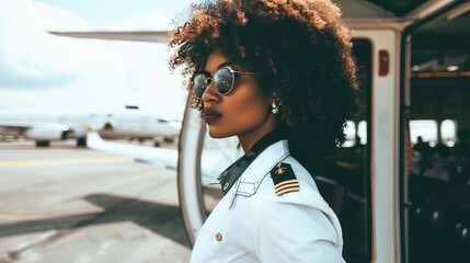 African American female pilot in uniform in sunglasses. In her sunglasses, this pioneering pilot reflects the bright future she envisions for herself and others in the aviation industry.