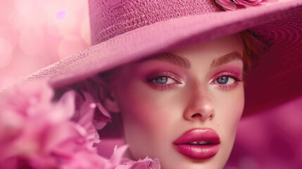 Elegant woman is wearing a pink hat adorned with delicate flowers