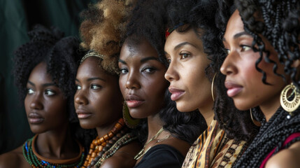 Fototapeta premium Several women of diverse backgrounds and ages standing in a line outdoors, showcasing unity and togetherness