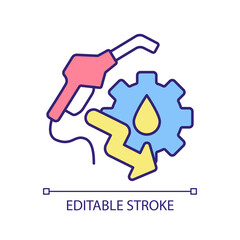 Fuel cost reduce RGB color icon. Price discount, saving accounting. Petrol expenditures. Gasoline payment. Isolated vector illustration. Simple filled line drawing. Editable stroke