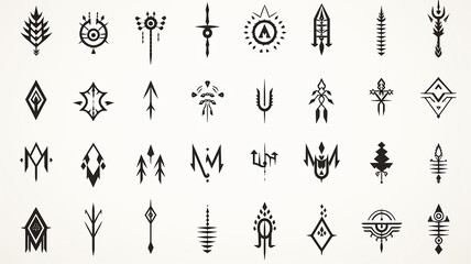 set of fictional symbols of rune icons on a white background, mystical logos and signs collection on white