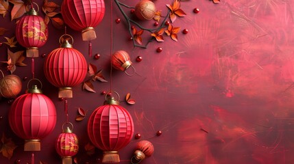 Background with red oriental lanterns - obrazy, fototapety, plakaty