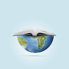Image of an open book on a hal cut globe earth isolated over white background. World book days concept. - obrazy, fototapety, plakaty