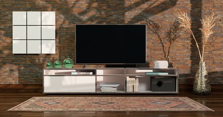 White square picture frames with shadows in front of a brick wall next to the flat screen television.