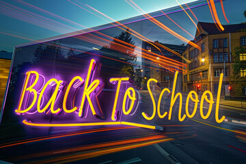 A sleek, modern sign reading Back To School illuminated by dynamic, neon lighting against a twilight cityscape