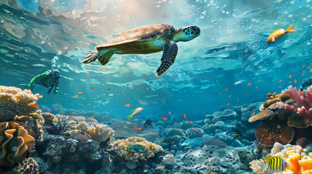 ウミガメとサンゴ礁をダイビングする人　People diving on coral reefs with sea turtles