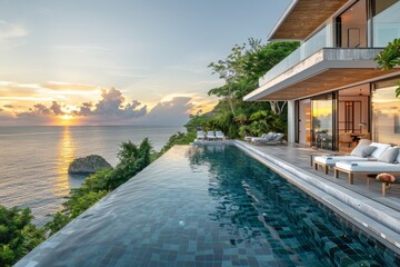 Fototapeta premium Luxury modern house with infinity pool and outdoor living area by the sea