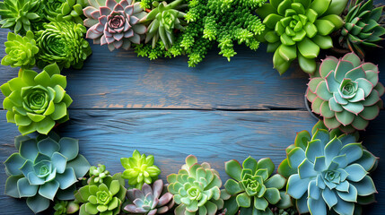 Variety of succulents on blue wooden background, top view
