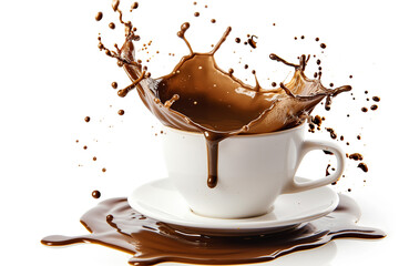 A cup of coffee with a splash of chocolate on the side. Concept of indulgence and enjoyment, as the rich, dark liquid spills over the edge of the cup
