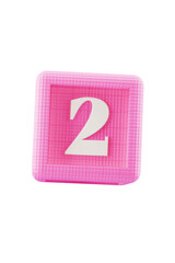 number 2 on pink building block cube, transparent background