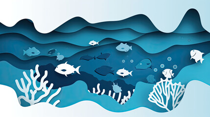 blue and white paper cutout of an ocean with fish, coral reef, vector illustration in the style of simple shapes, flat design