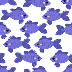 Vector seamless pattern with cute tropical fish in hand-drawn style on a white background