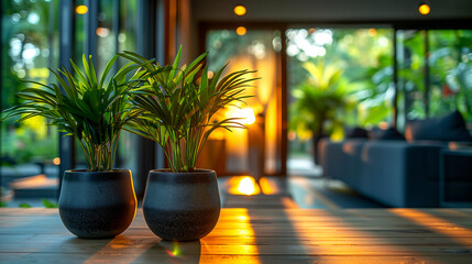 Plants in black pots on a wooden table in a cafe. - obrazy, fototapety, plakaty