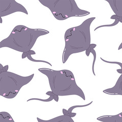 Vector seamless pattern with a cute smiling sea stingray in a hand-drawn style on a white background