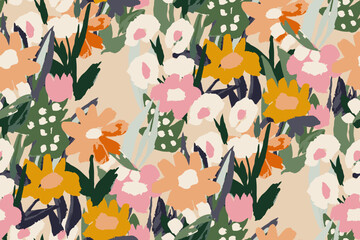  Abstract floral seamless pattern. Bright colors, gouache painting.hand drawn, not AI