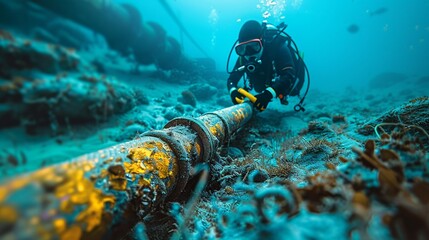 Diver inspecting sub-sea internet cable - obrazy, fototapety, plakaty